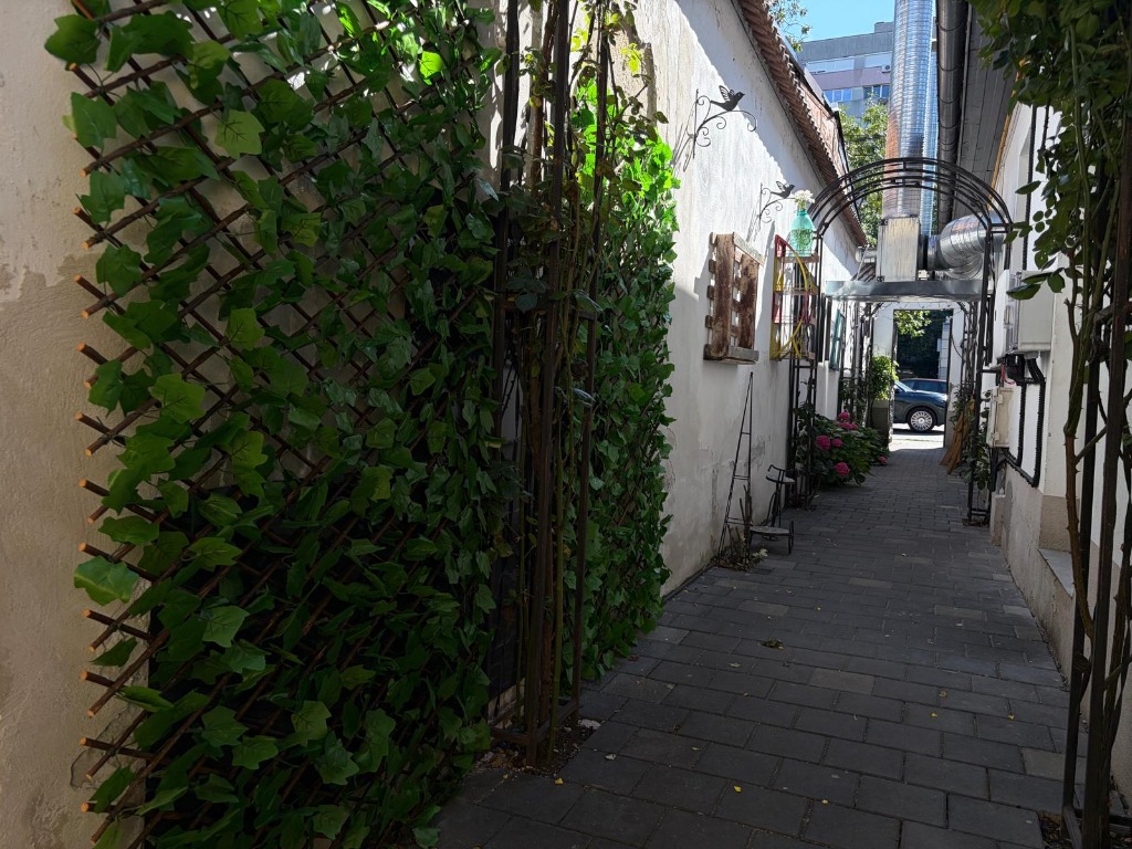 Bistro Papas entrance alley with ivy walls and iron arch